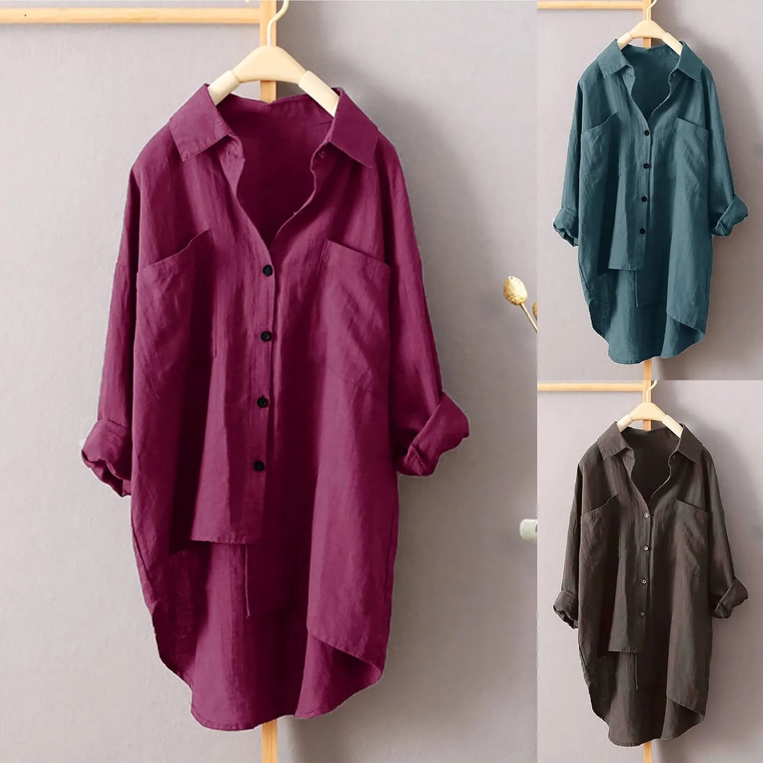 Women's Oversized Long Sleeve Cotton Linen Shirts Button Down Vacation Blouses High Low Hem Flowy Long Tail Shirts