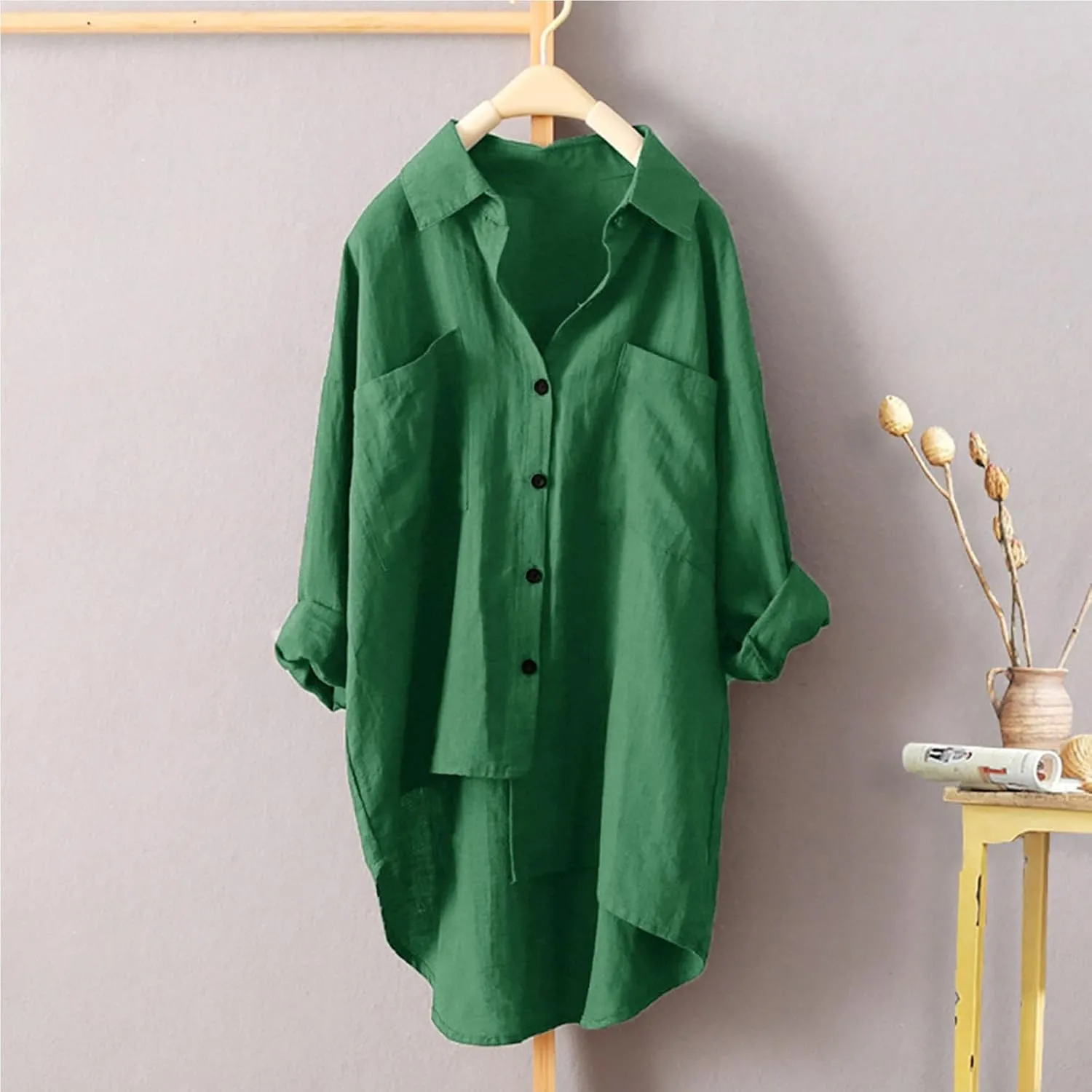 Women's Oversized Long Sleeve Cotton Linen Shirts Button Down Vacation Blouses High Low Hem Flowy Long Tail Shirts
