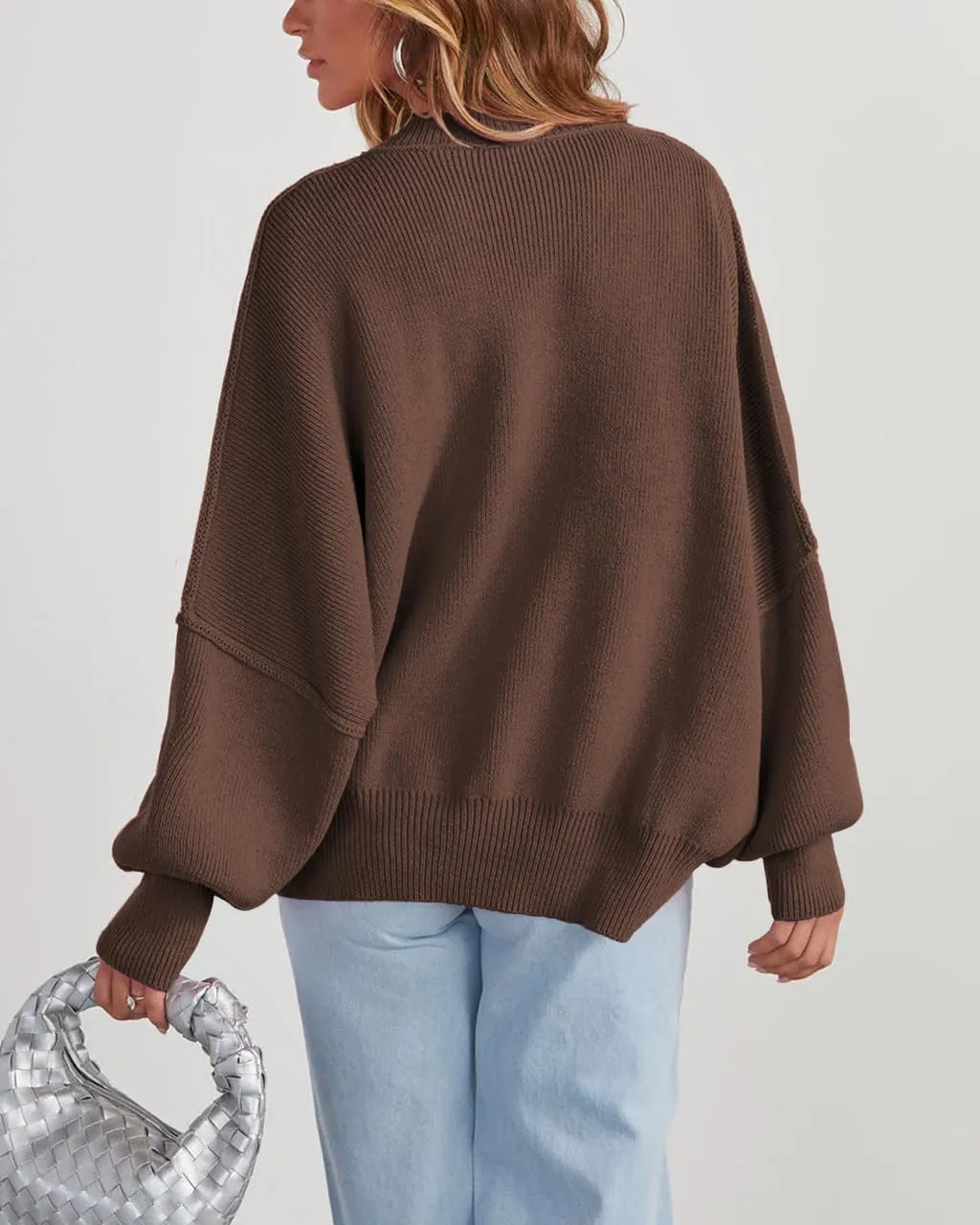 Women's Oversized Sweaters 2025 Crewneck Long Sleeve Ribbed Knit Batwing Pullover Tops