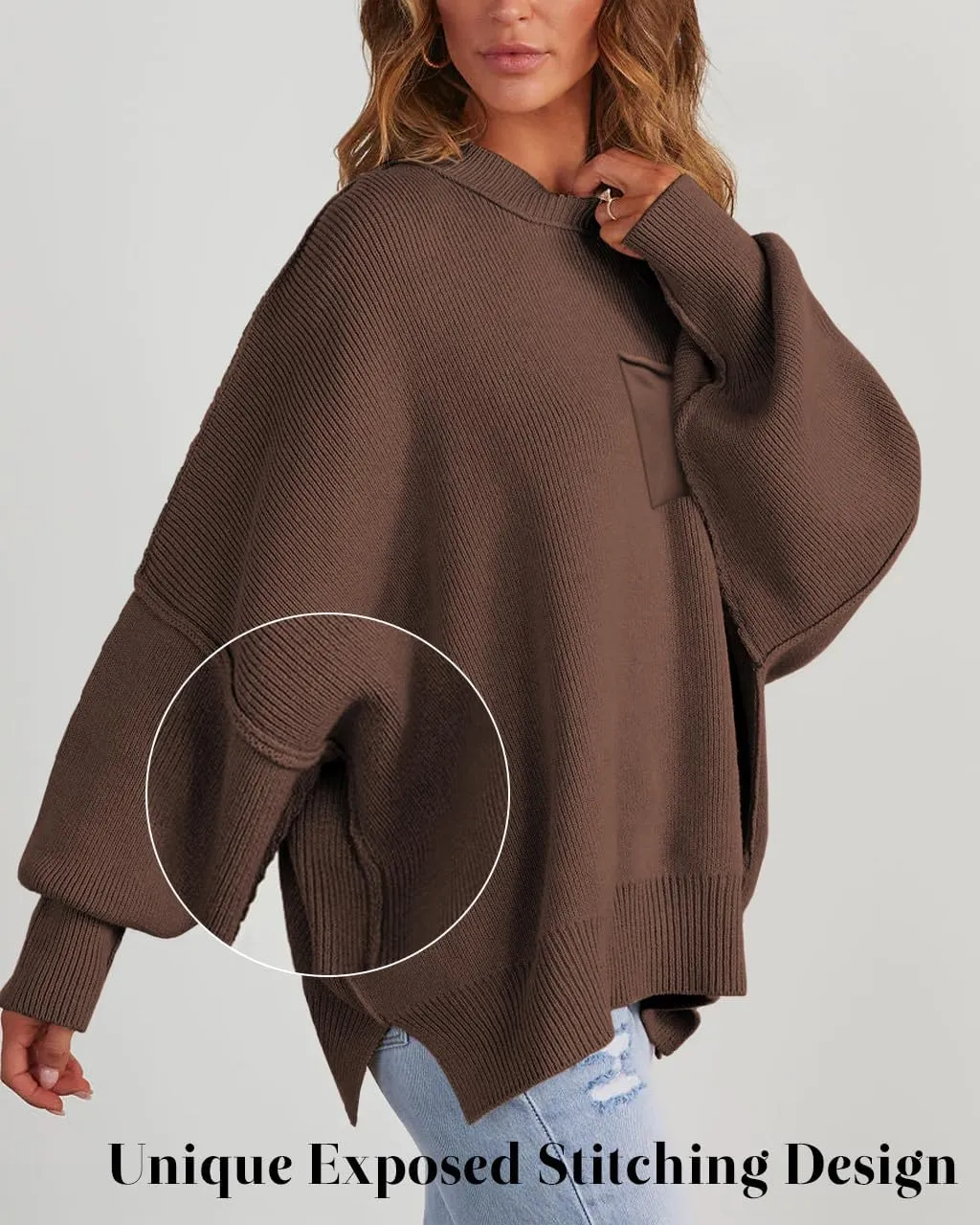 Women's Oversized Sweaters 2025 Crewneck Long Sleeve Ribbed Knit Batwing Pullover Tops