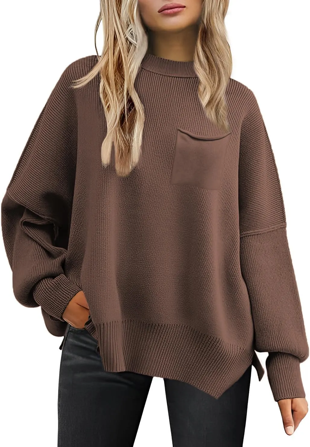 Women's Oversized Sweaters 2025 Crewneck Long Sleeve Ribbed Knit Batwing Pullover Tops