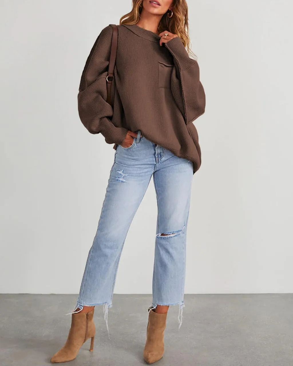 Women's Oversized Sweaters 2025 Crewneck Long Sleeve Ribbed Knit Batwing Pullover Tops