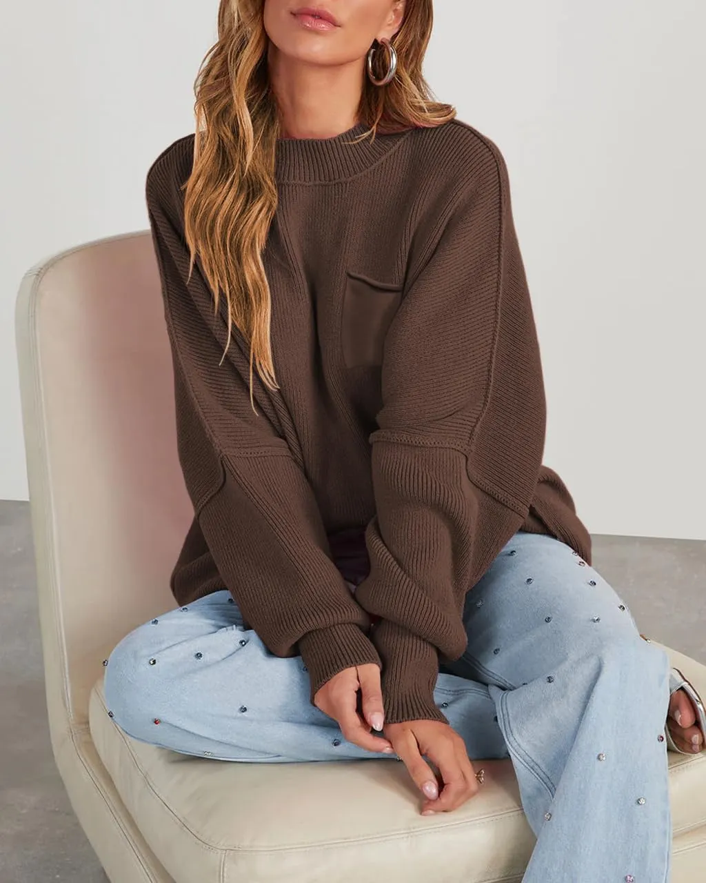 Women's Oversized Sweaters 2025 Crewneck Long Sleeve Ribbed Knit Batwing Pullover Tops