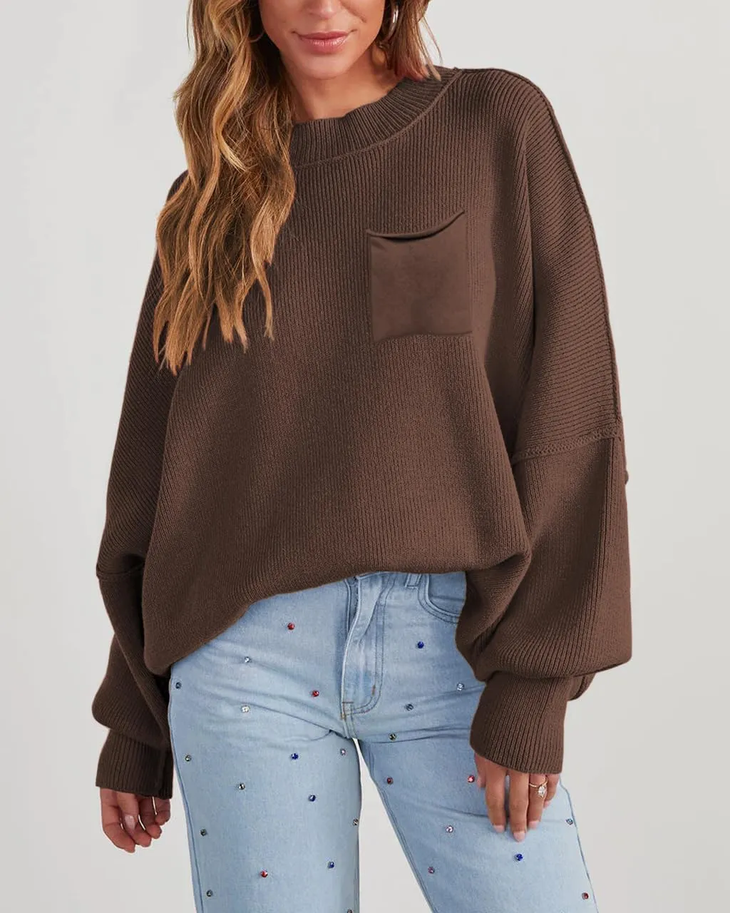 Women's Oversized Sweaters 2025 Crewneck Long Sleeve Ribbed Knit Batwing Pullover Tops
