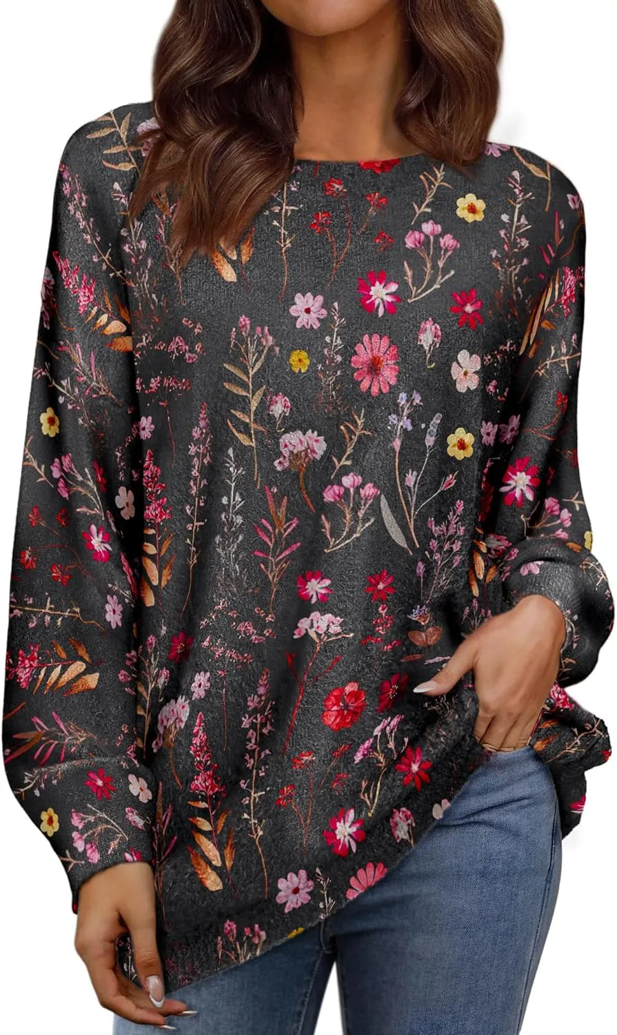 Womens Oversized Sweaters Fall 2024 Crewneck Knit Graphic Printed Pullover Sweater Tops Trendy Outfits