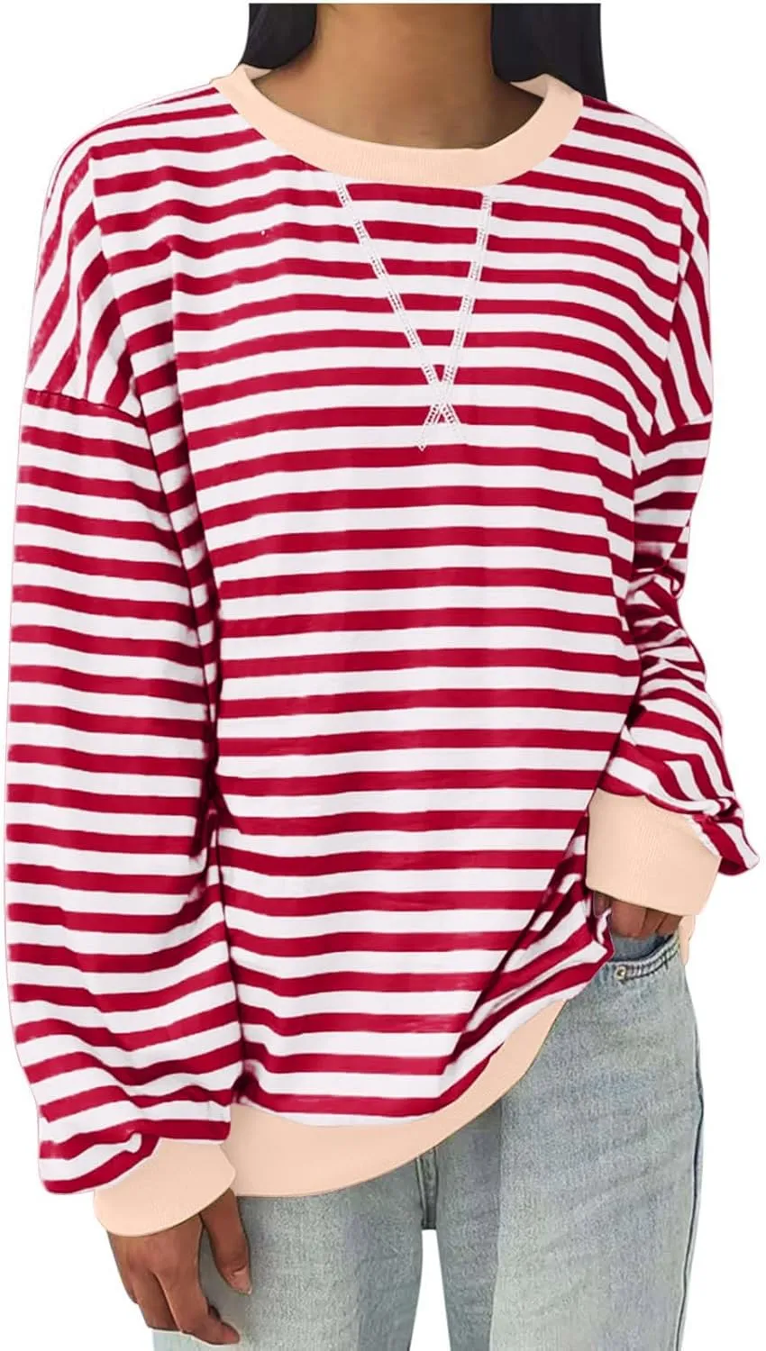 Women's Oversized Sweatshirts 2024 Fall y2k Clothes Casual Striped Pullover Tops Long Sleeve Crewneck Shirts