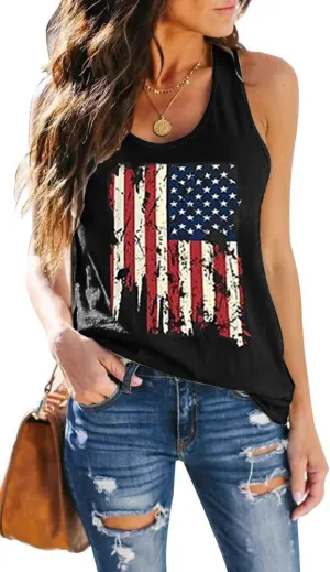 Women's Patriotic American Flag Soft Jersey Sleeveless Loose Tank Top