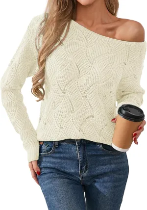 Womens Sexy Off The Shoulder Sweater Spring 2025 Trendy Lightweight Cute Crochet Knit Color Block Pullover Top