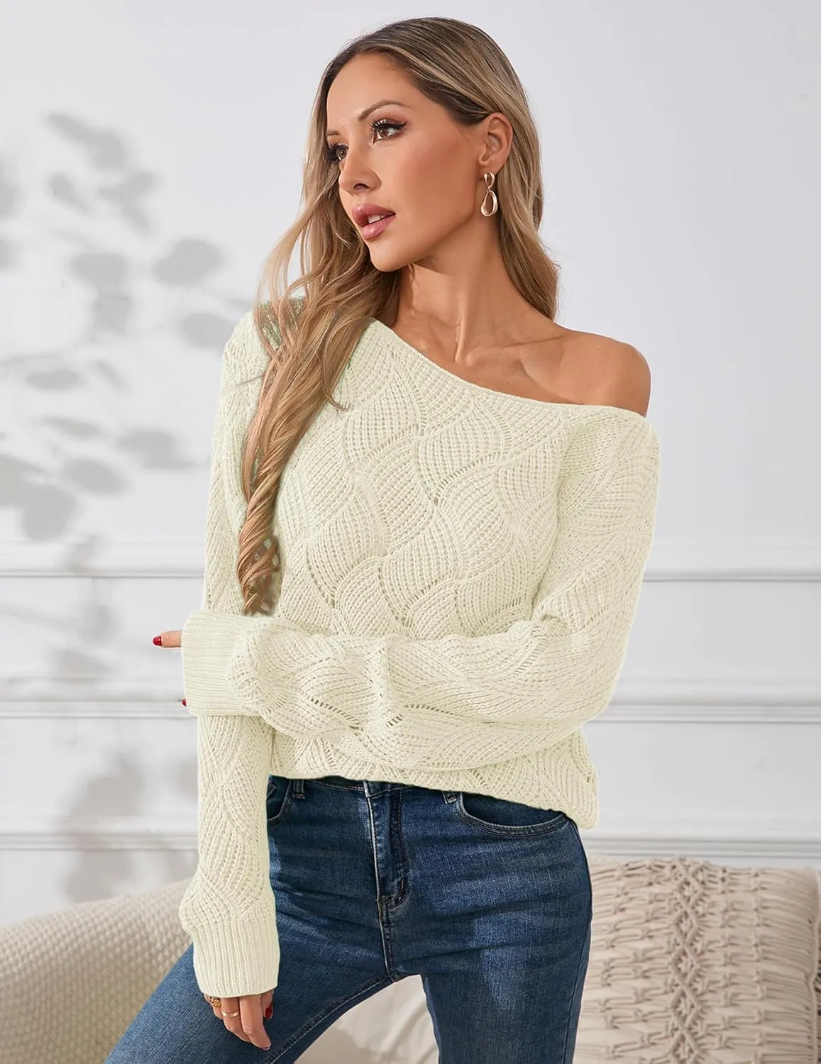 Womens Sexy Off The Shoulder Sweater Spring 2025 Trendy Lightweight Cute Crochet Knit Color Block Pullover Top
