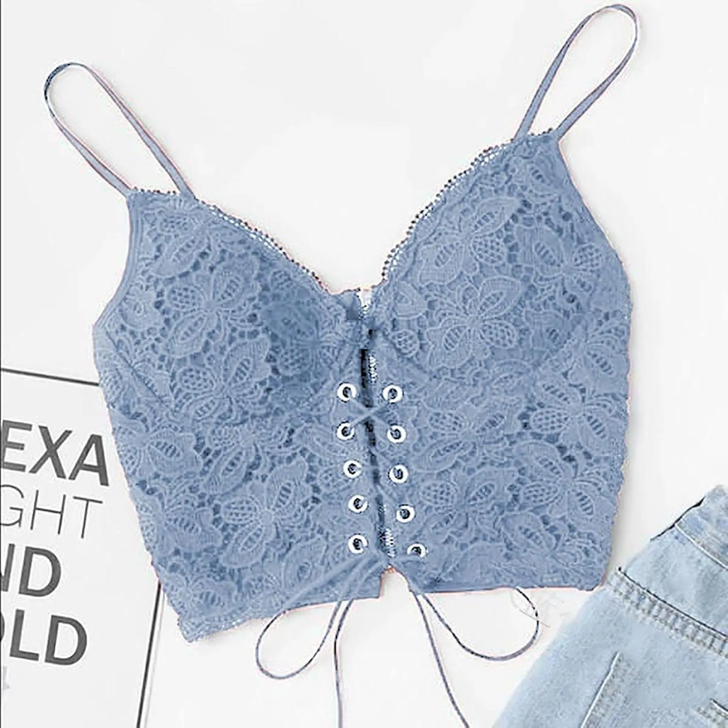 Women's Splicing Lace Sexy Tank Spaghetti Strap Drawstring Trendy Camisole Cropped Solid V Neck with Bulit in Bra