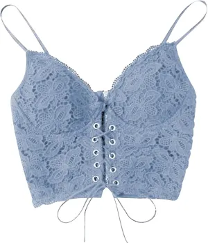 Women's Splicing Lace Sexy Tank Spaghetti Strap Drawstring Trendy Camisole Cropped Solid V Neck with Bulit in Bra