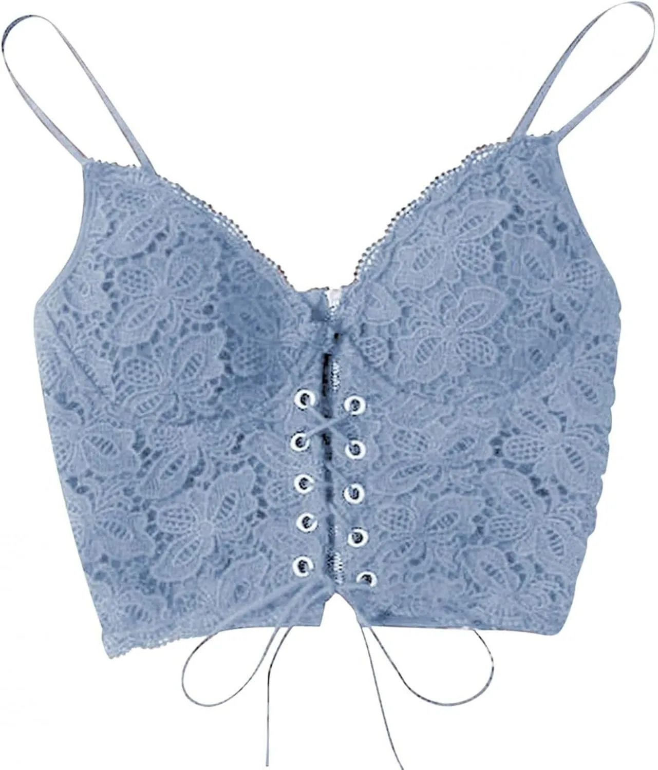 Women's Splicing Lace Sexy Tank Spaghetti Strap Drawstring Trendy Camisole Cropped Solid V Neck with Bulit in Bra