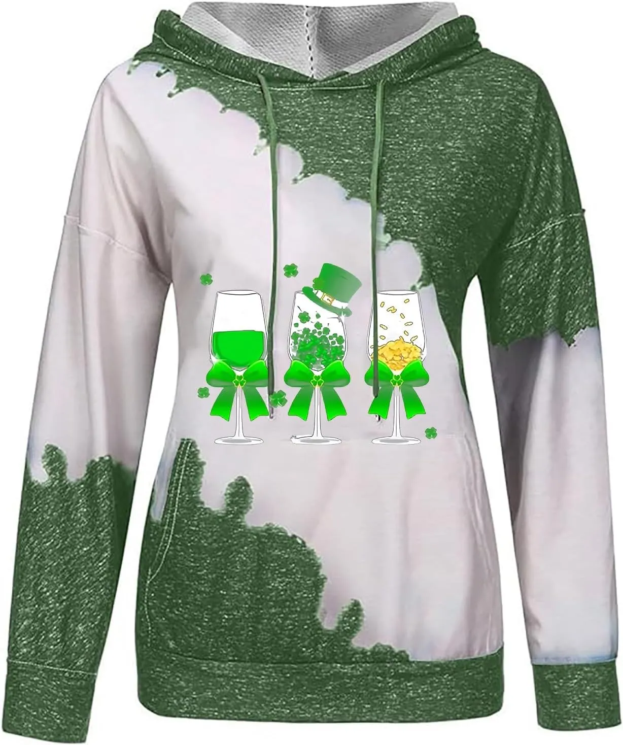 Womens St. Patrick's Day Clover Print Hoodie Casual Long Sleeve Sweatshirt Irish Shamrock Pullover Oversized Shirts Tops