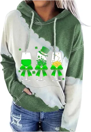 Womens St. Patrick's Day Clover Print Hoodie Casual Long Sleeve Sweatshirt Irish Shamrock Pullover Oversized Shirts Tops