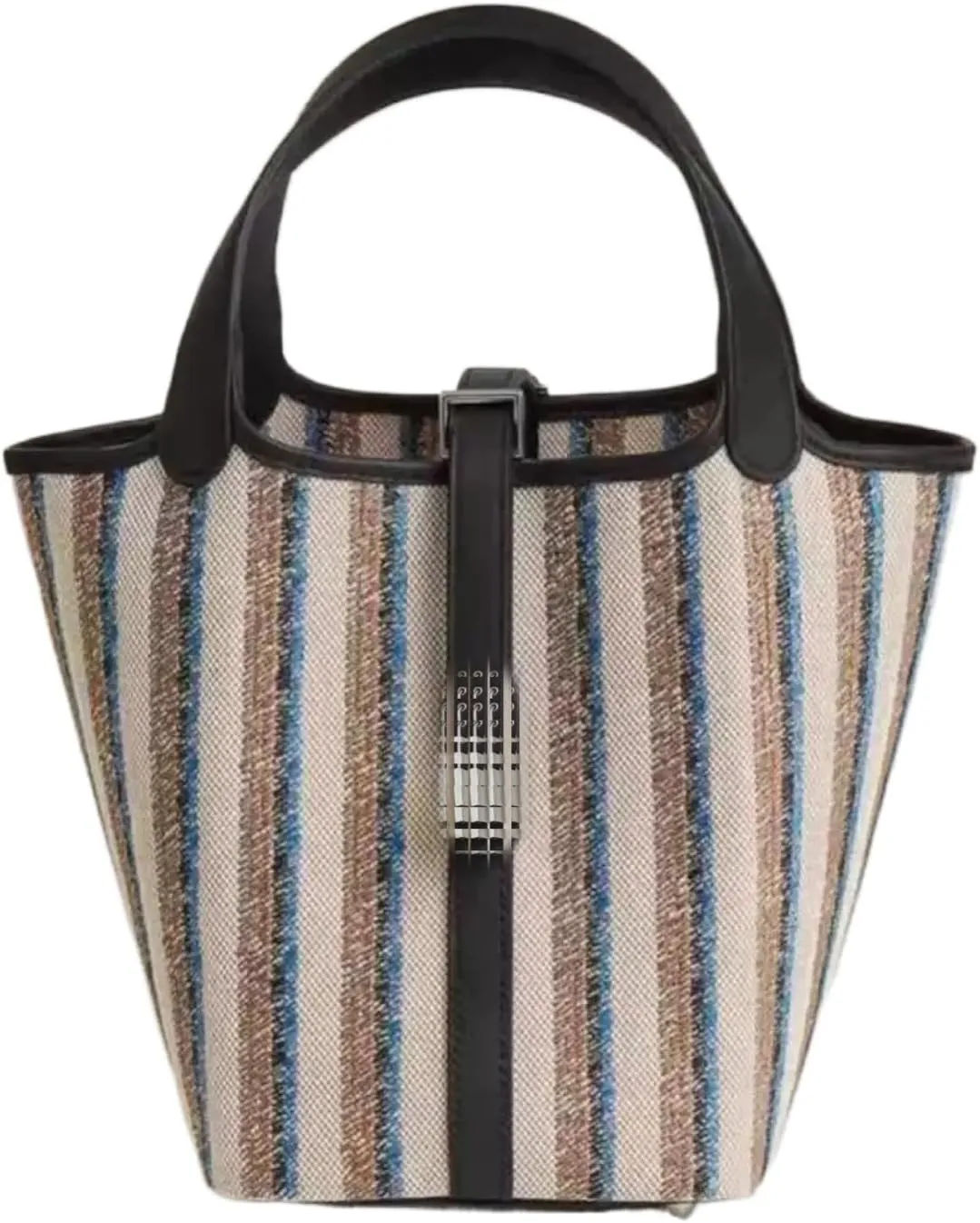 Women's striped canvas handbag, top handbag, brown leather decoration, bucket style
