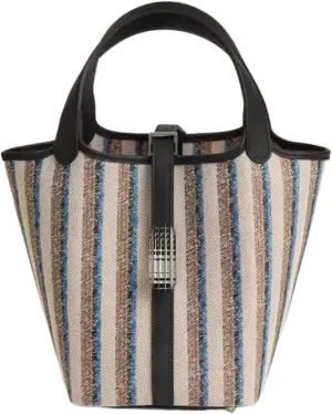 Women's striped canvas handbag, top handbag, brown leather decoration, bucket style
