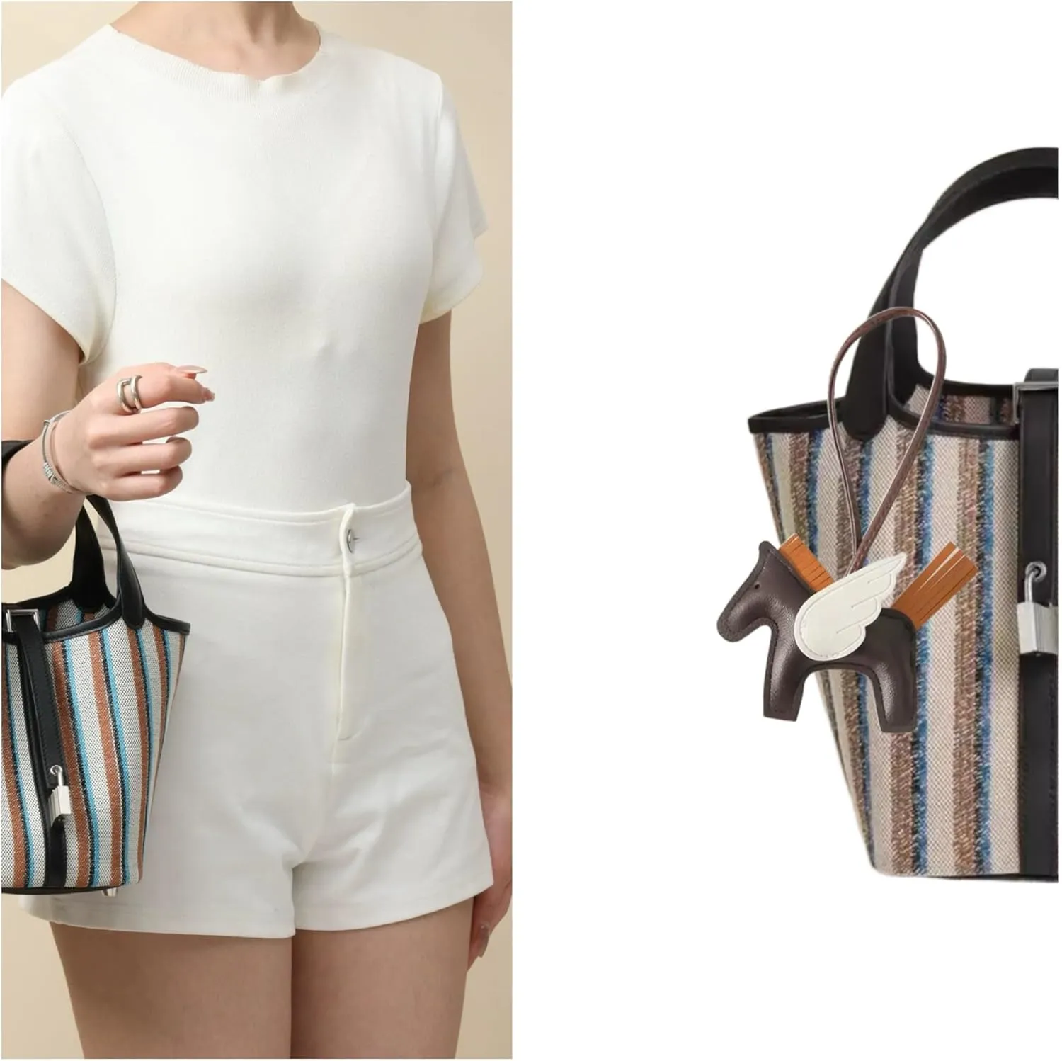 Women's striped canvas handbag, top handbag, brown leather decoration, bucket style