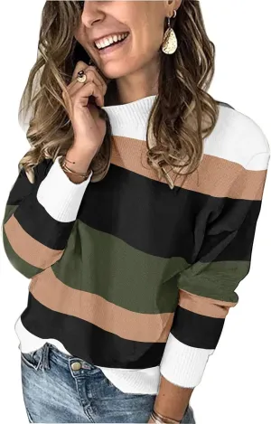 Womens Striped Sweater Long Sleeve Crew Neck Ribbed Knit 2025 Fall Winter Pullover Sweater Tops