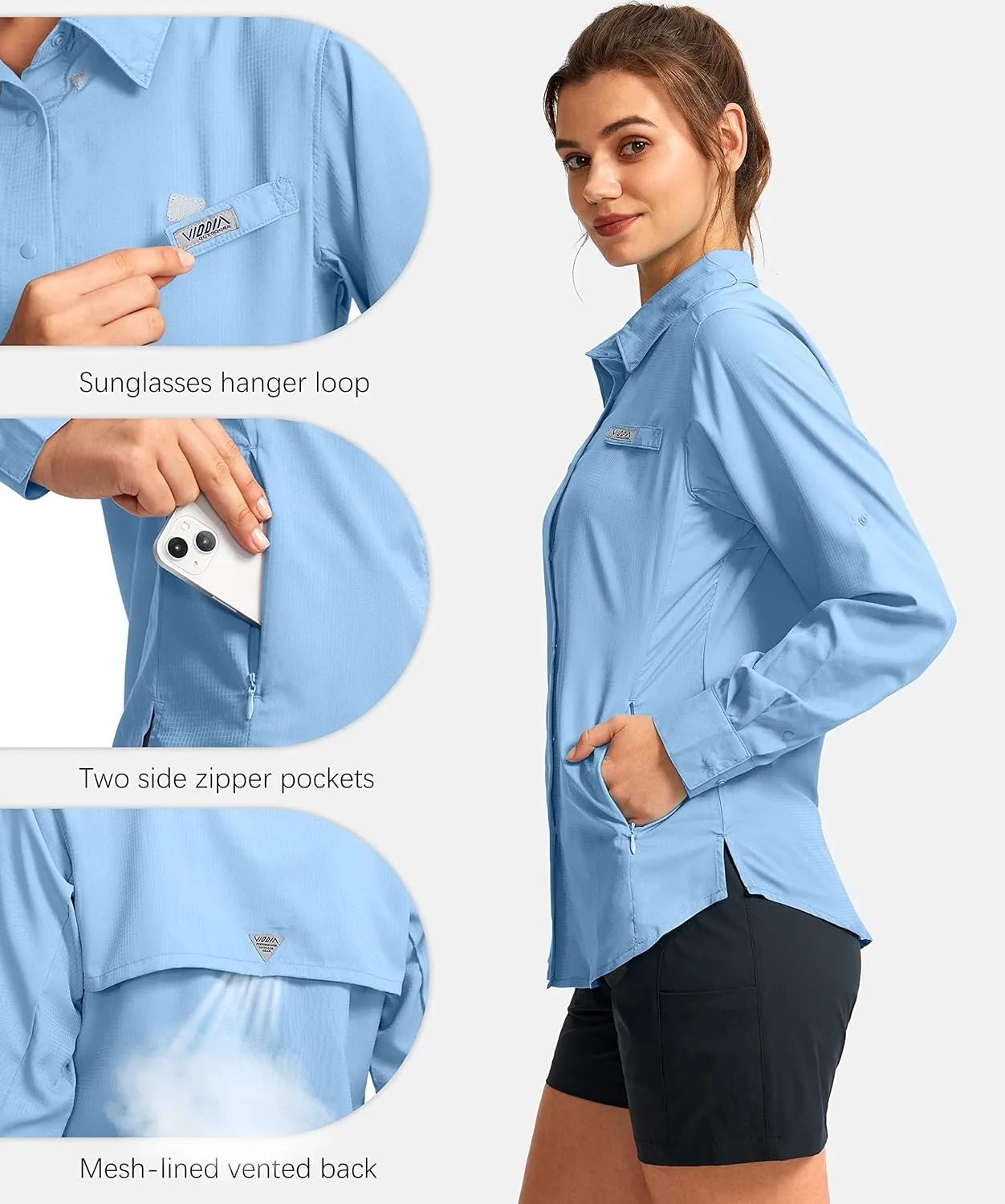 Womens Sun Protection Fishing Shirt with Zipper Pockets Lightweight SPF Long Sleeve Shirts for Hiking Safari