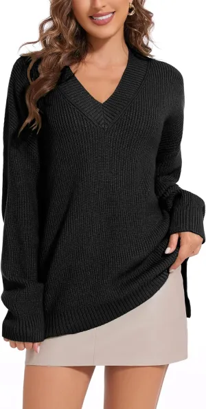 Women's V Neck Oversized Sweaters for Women Off Shoulder Loose Knit Jumper Pullover Tops