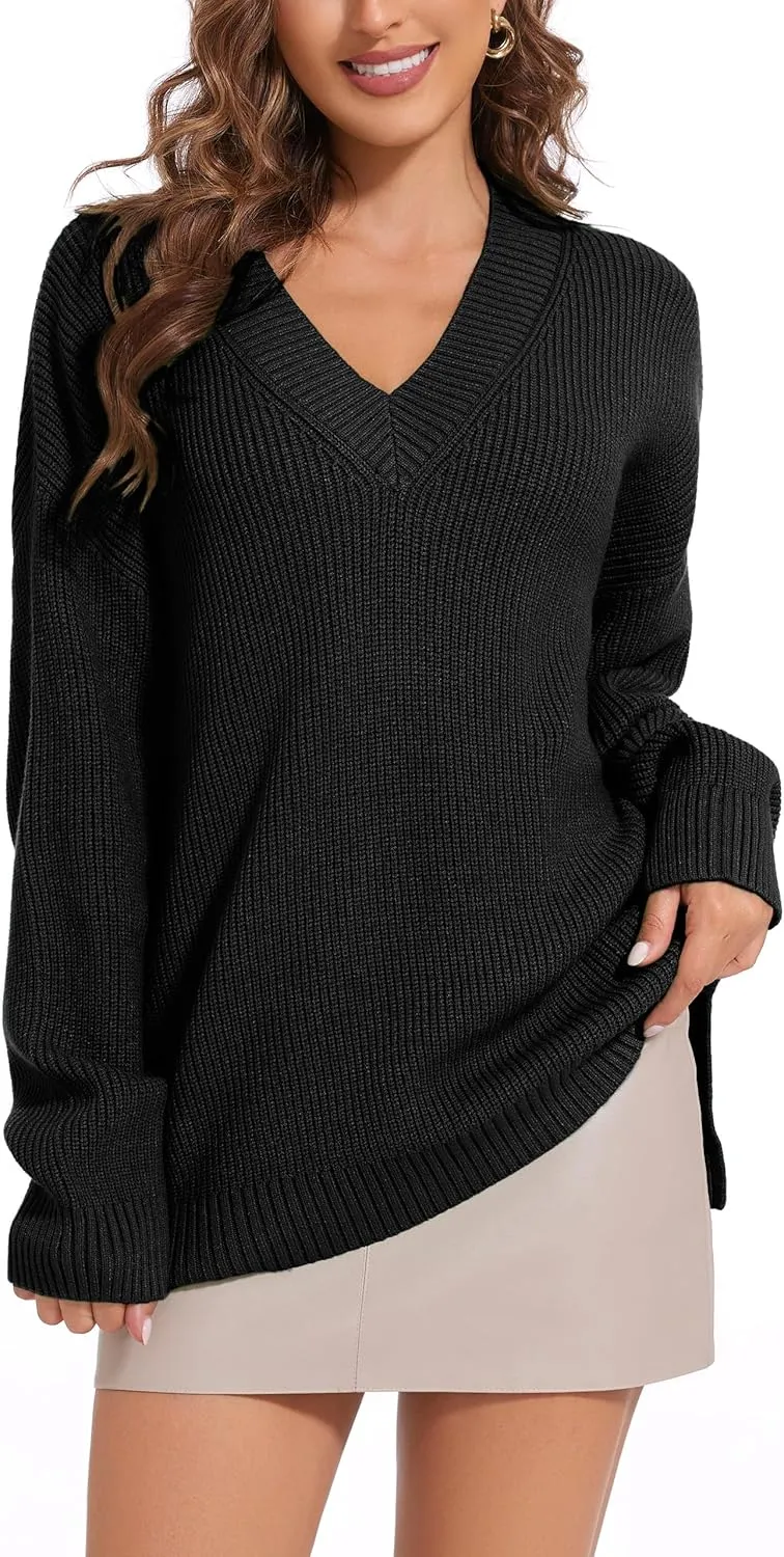 Women's V Neck Oversized Sweaters for Women Off Shoulder Loose Knit Jumper Pullover Tops