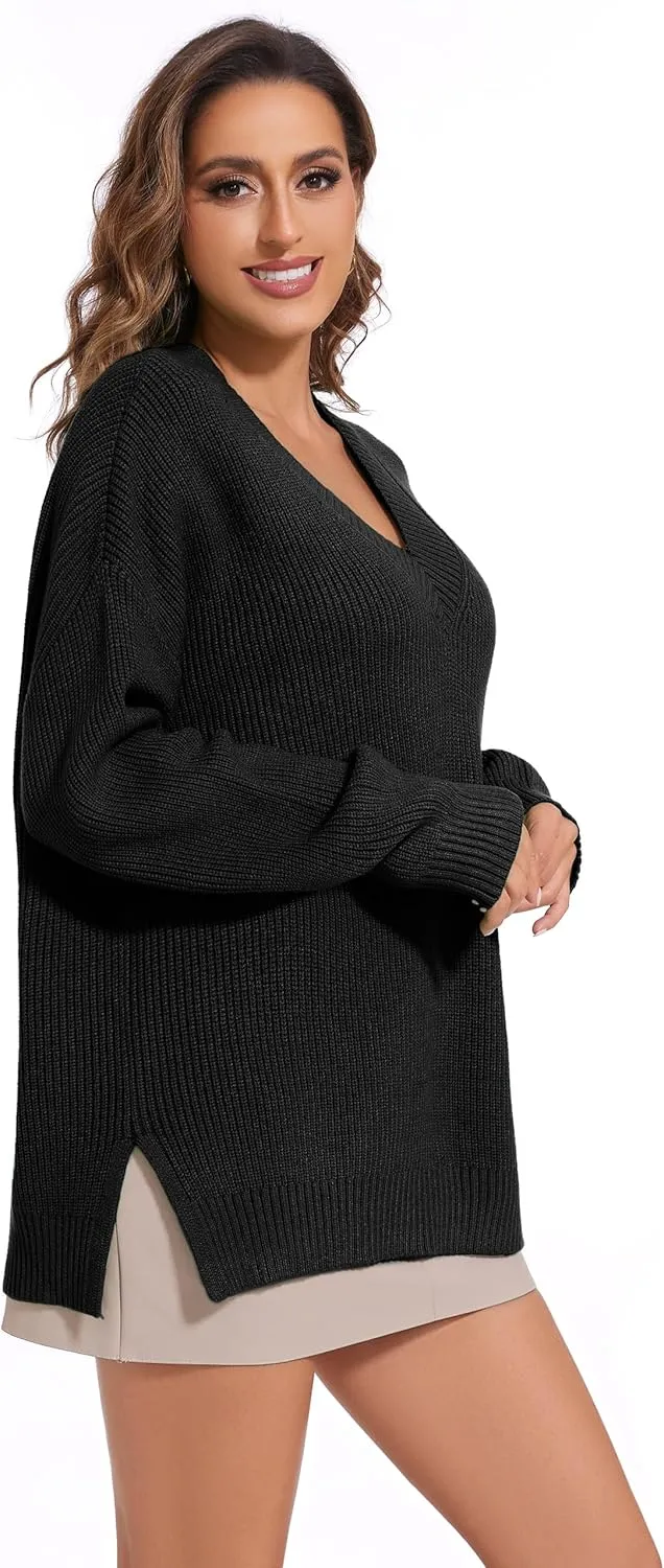 Women's V Neck Oversized Sweaters for Women Off Shoulder Loose Knit Jumper Pullover Tops