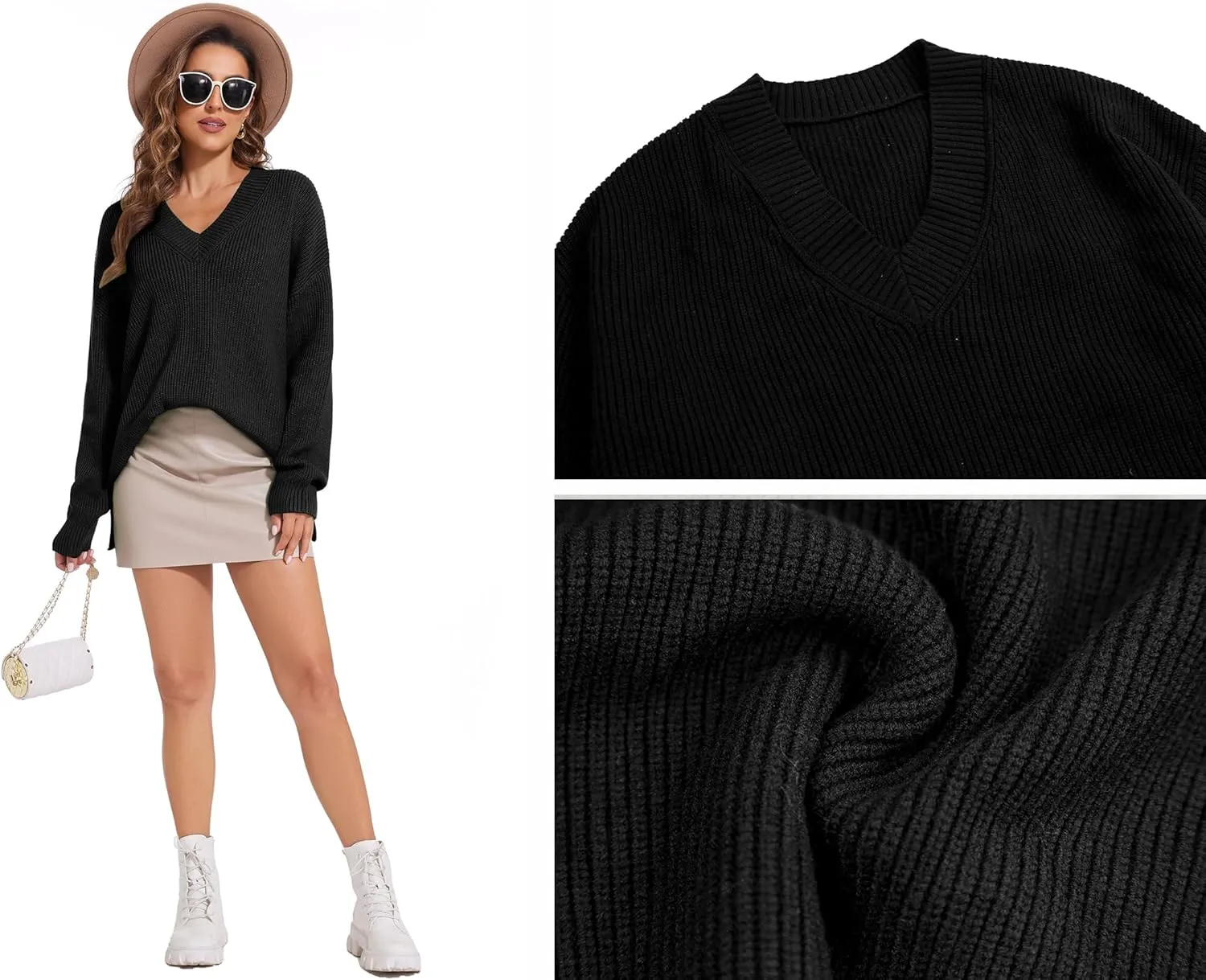 Women's V Neck Oversized Sweaters for Women Off Shoulder Loose Knit Jumper Pullover Tops