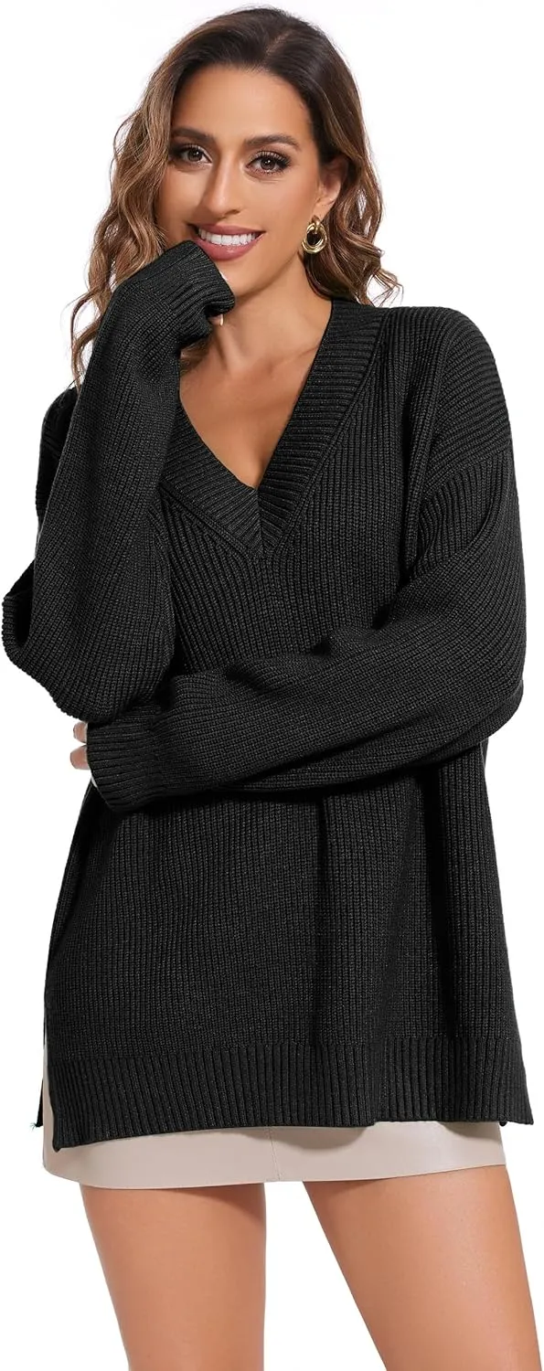 Women's V Neck Oversized Sweaters for Women Off Shoulder Loose Knit Jumper Pullover Tops