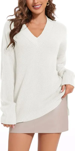 Women's V Neck Oversized Sweaters for Women Off Shoulder Loose Knit Jumper Pullover Tops
