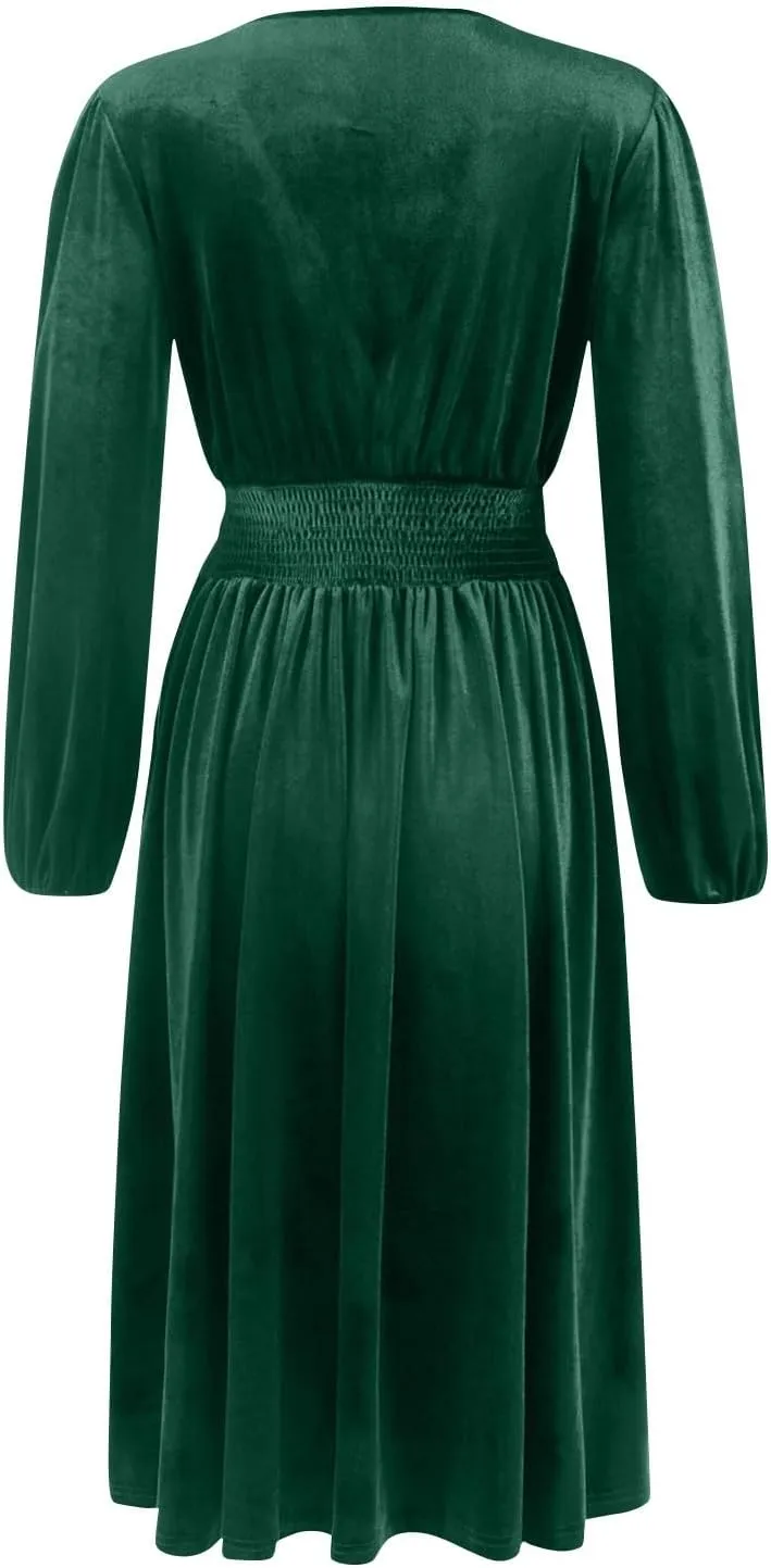 Women's Velvet Dress Long Puff Sleeve Cocktail Party Semi-Formal Fit and Flare Church Wedding Guest Work Dresses