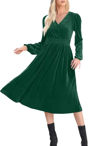 Women's Velvet Dress Long Puff Sleeve Cocktail Party Semi-Formal Fit and Flare Church Wedding Guest Work Dresses