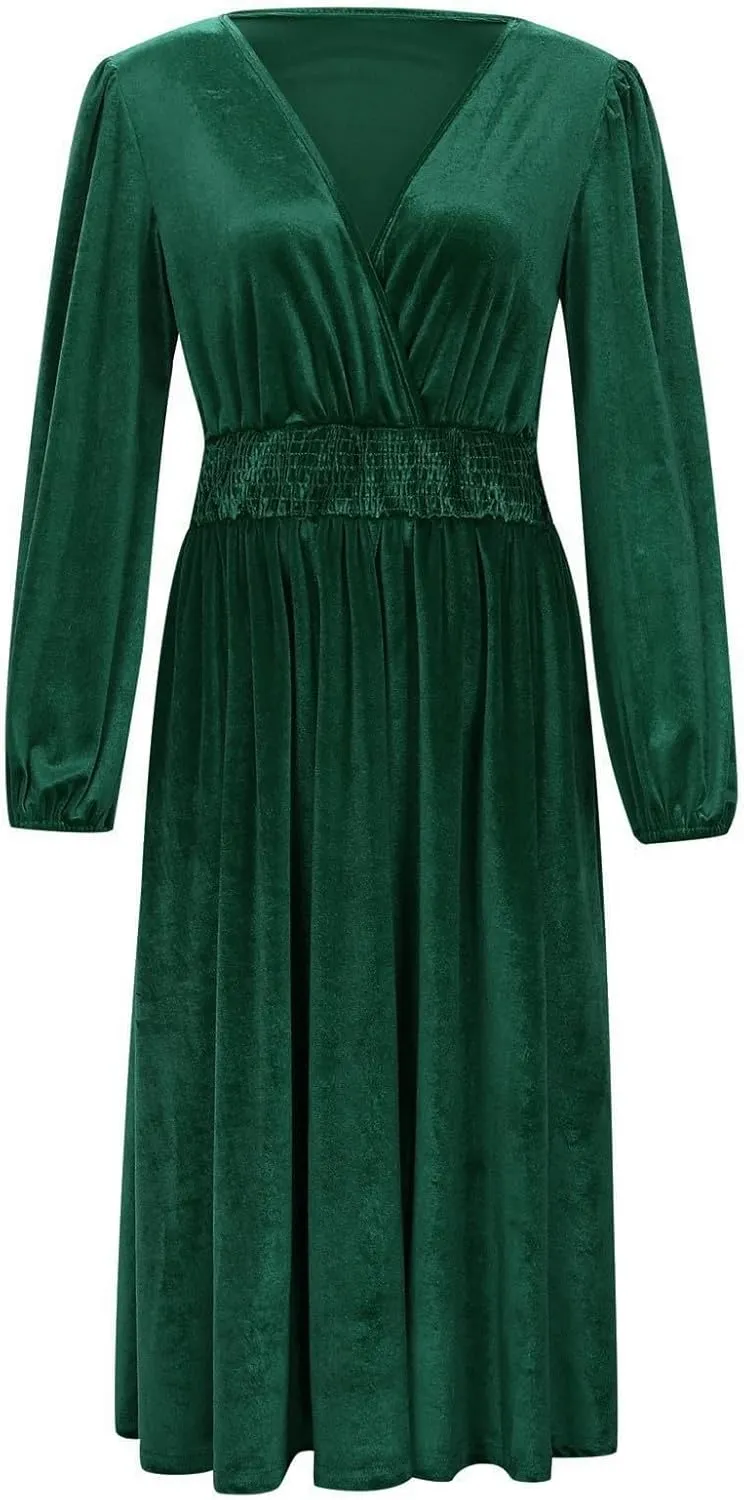 Women's Velvet Dress Long Puff Sleeve Cocktail Party Semi-Formal Fit and Flare Church Wedding Guest Work Dresses