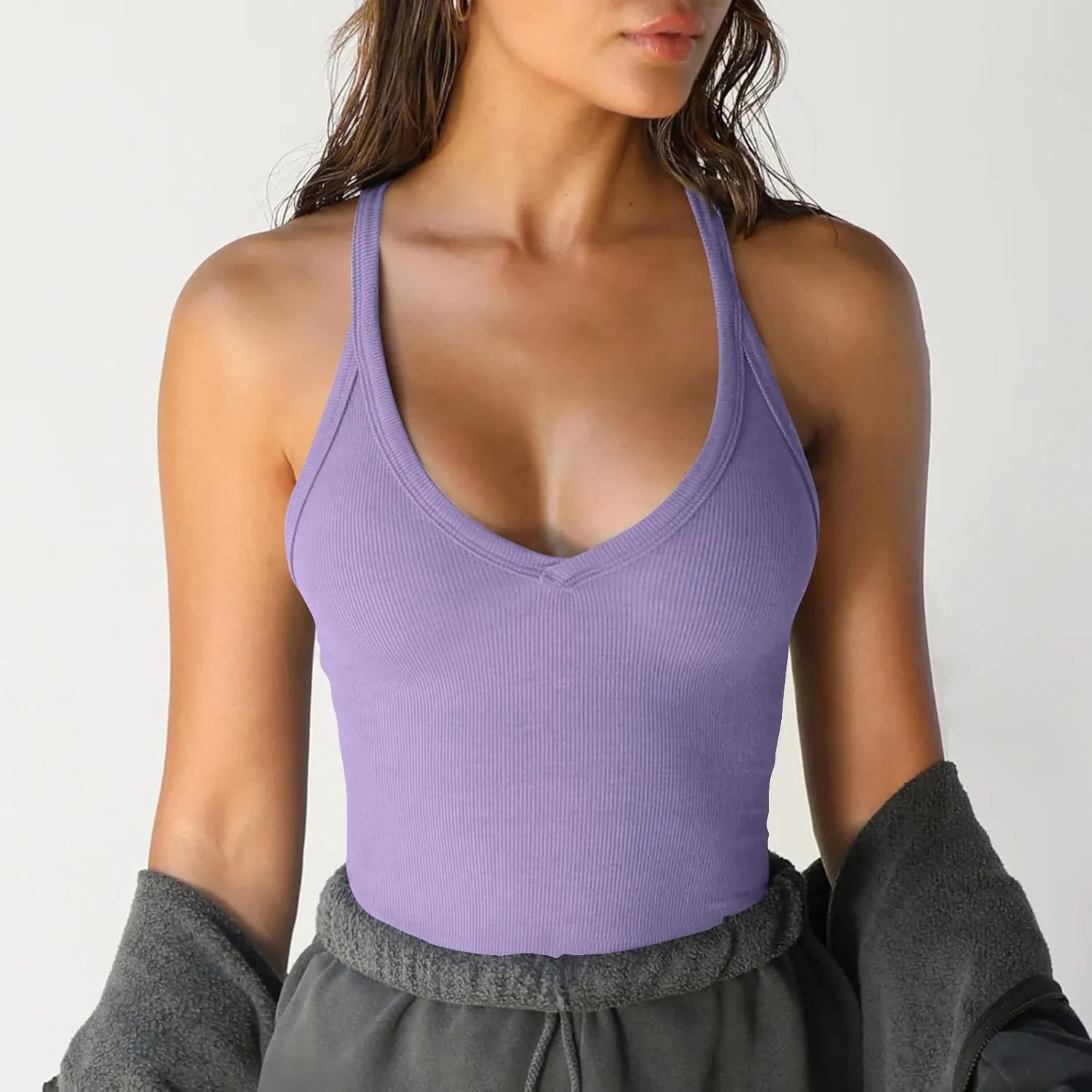 Womens Workout Camisole Tops Sexy Low Cut Tank Top Solid Summer Sleeveless Shirts Slim Fit Camis for Gym Running Yoga