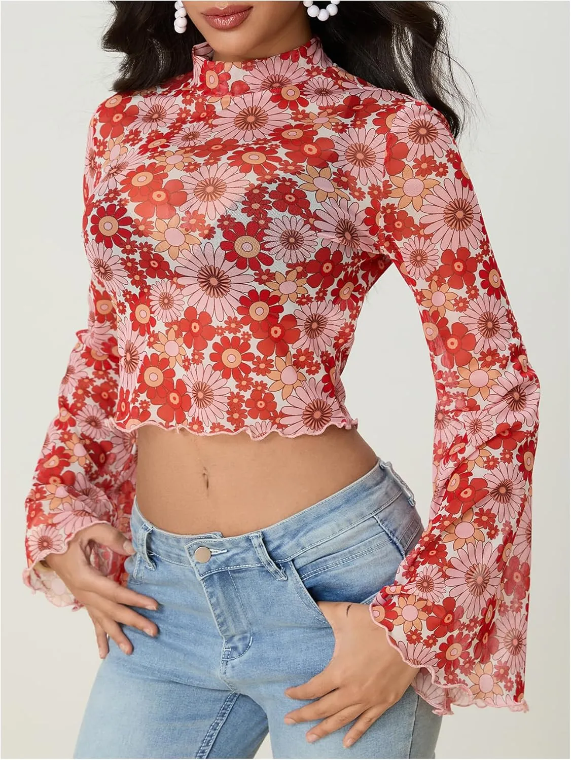 Women's Y2K Floral 70s Top Hippie Shirt Sheer Mesh Tee Shirt Disco Long Bell Sleeve T Shirts Crew Neck Boho Crop Tops