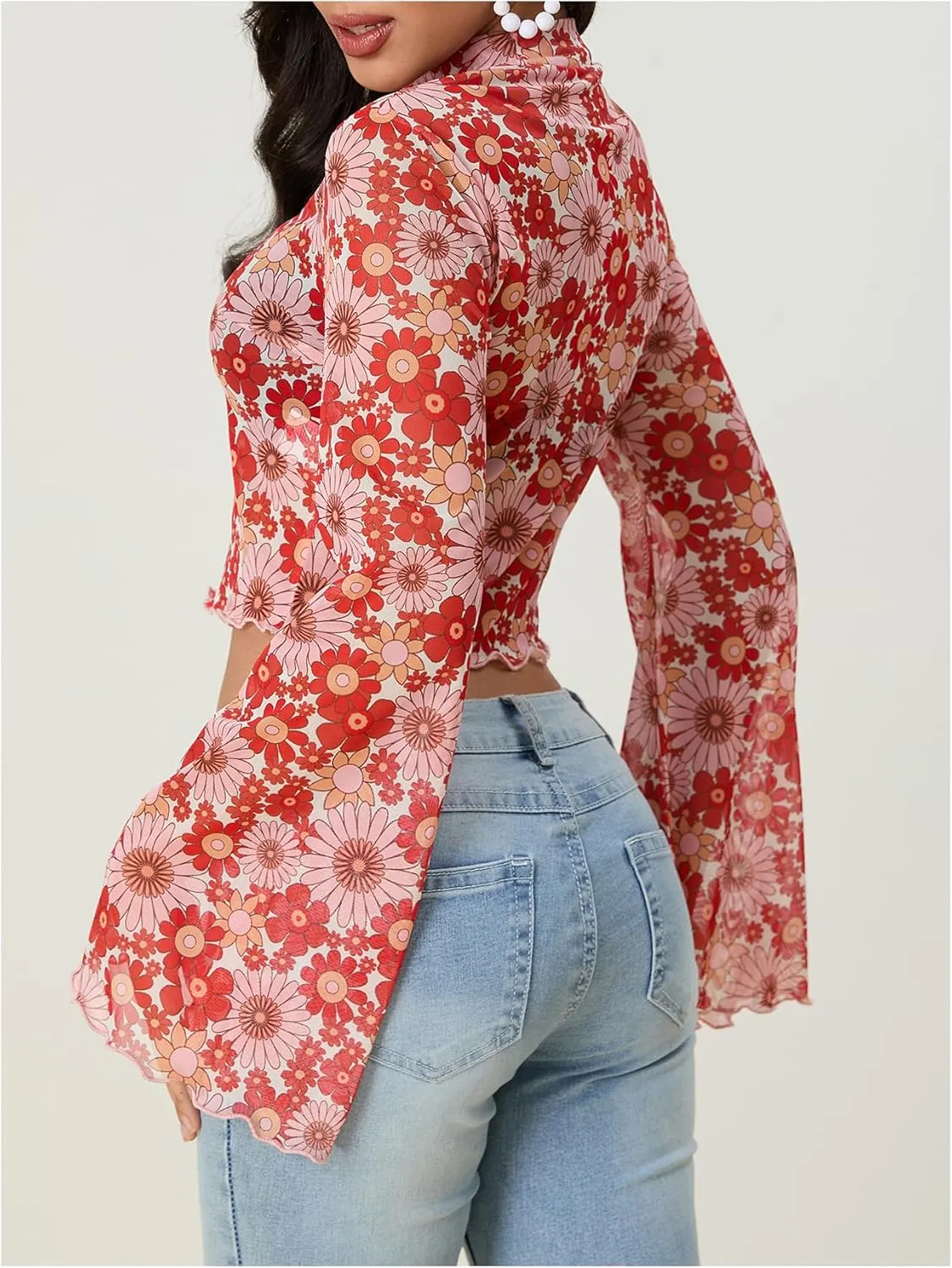 Women's Y2K Floral 70s Top Hippie Shirt Sheer Mesh Tee Shirt Disco Long Bell Sleeve T Shirts Crew Neck Boho Crop Tops