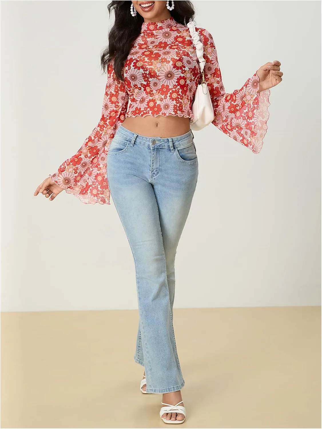 Women's Y2K Floral 70s Top Hippie Shirt Sheer Mesh Tee Shirt Disco Long Bell Sleeve T Shirts Crew Neck Boho Crop Tops
