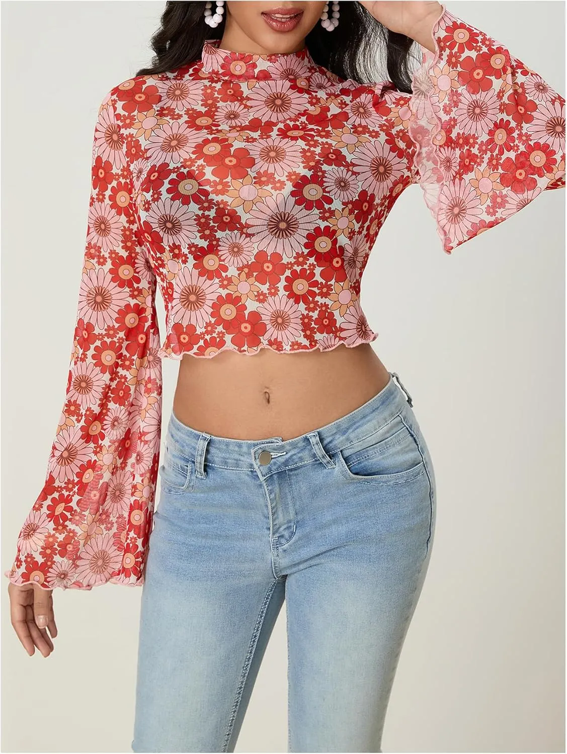 Women's Y2K Floral 70s Top Hippie Shirt Sheer Mesh Tee Shirt Disco Long Bell Sleeve T Shirts Crew Neck Boho Crop Tops