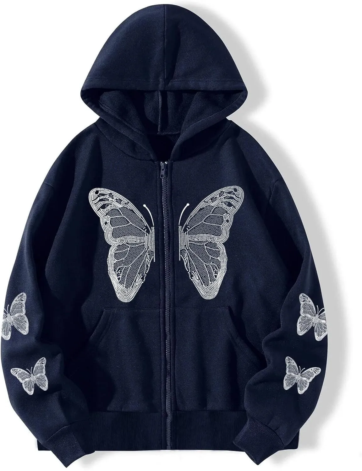 Women's Y2K Zip Up Hoodie Grunge Butterfly Print Sweatshirt Graphic Oversized Vintage Jacket with Pocket Clothing