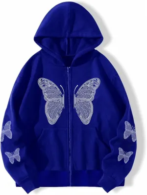 Women's Y2K Zip Up Hoodie Grunge Butterfly Print Sweatshirt Graphic Oversized Vintage Jacket with Pocket Clothing