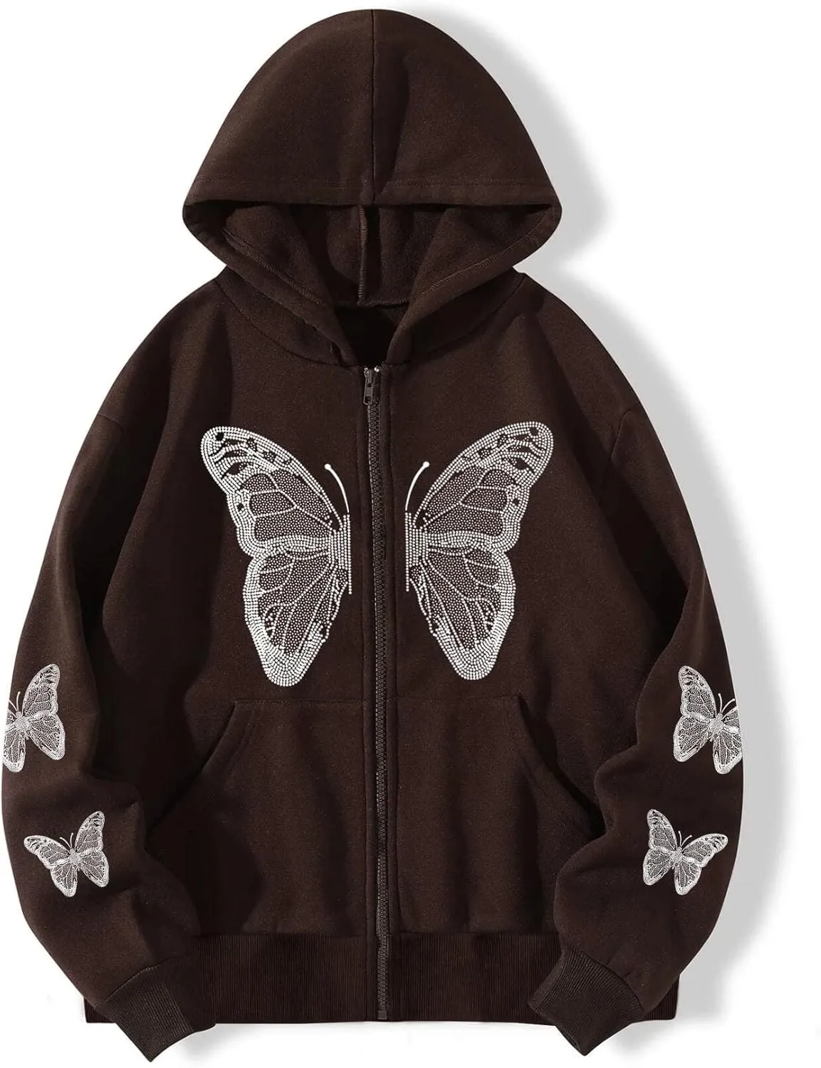 Women's Y2K Zip Up Hoodie Grunge Butterfly Print Sweatshirt Graphic Oversized Vintage Jacket with Pocket Clothing
