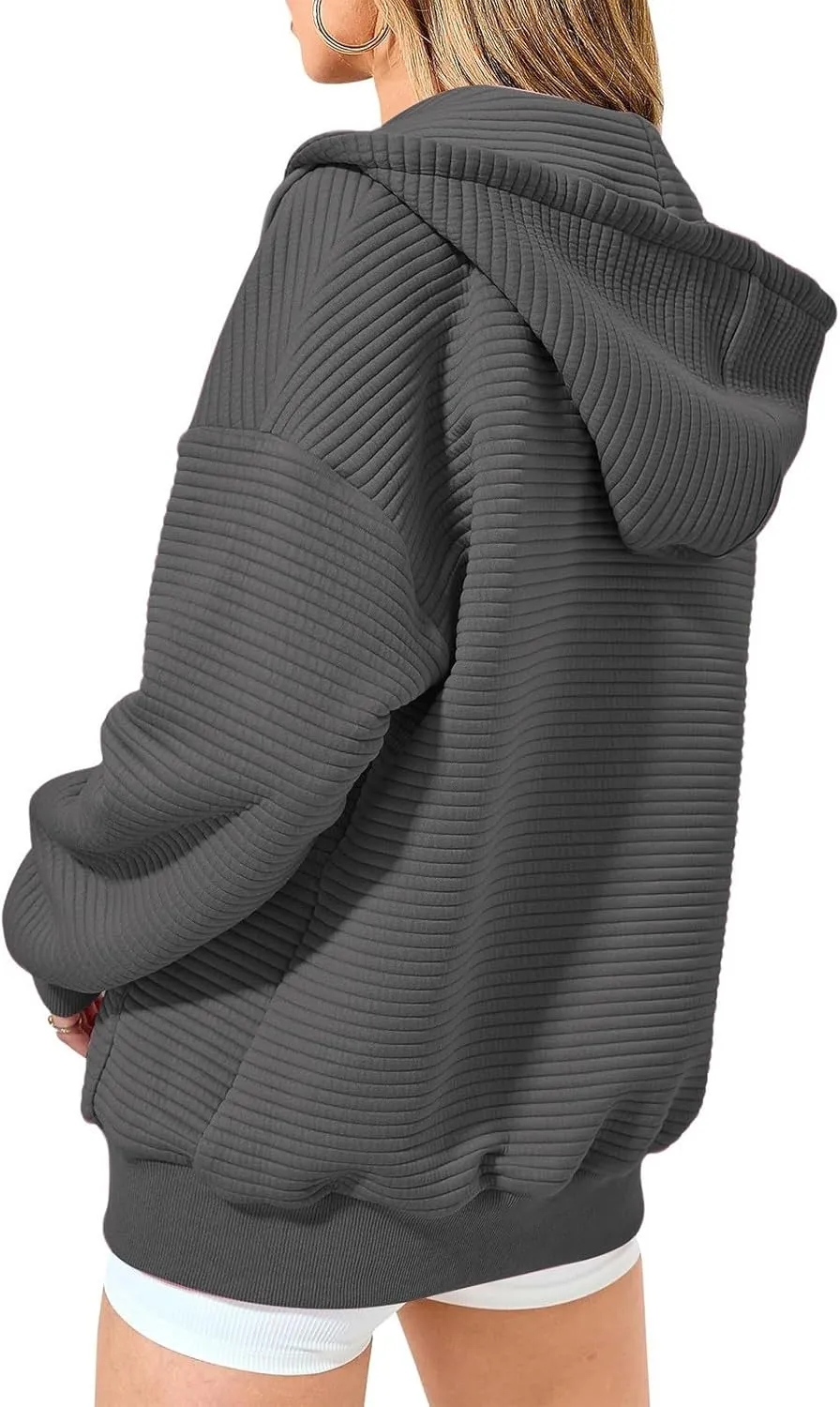 Womens Zip Up Hoodie Oversized Sweatshirt Waffle Knit Clothes Fall Fashion Long Sleeve Jacket With Pockets