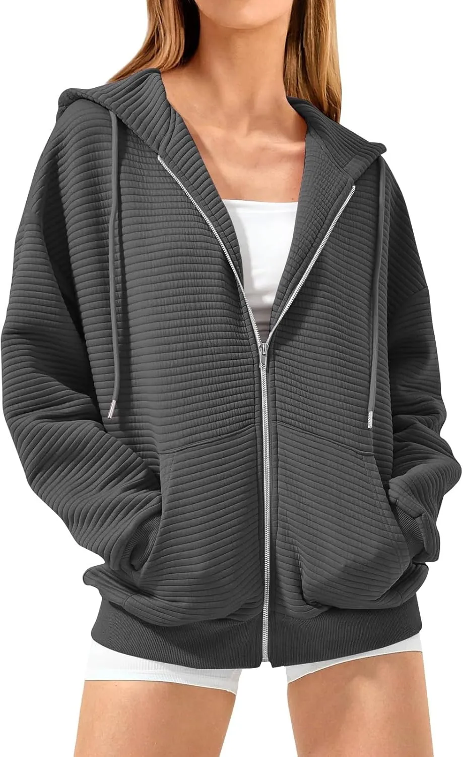 Womens Zip Up Hoodie Oversized Sweatshirt Waffle Knit Clothes Fall Fashion Long Sleeve Jacket With Pockets