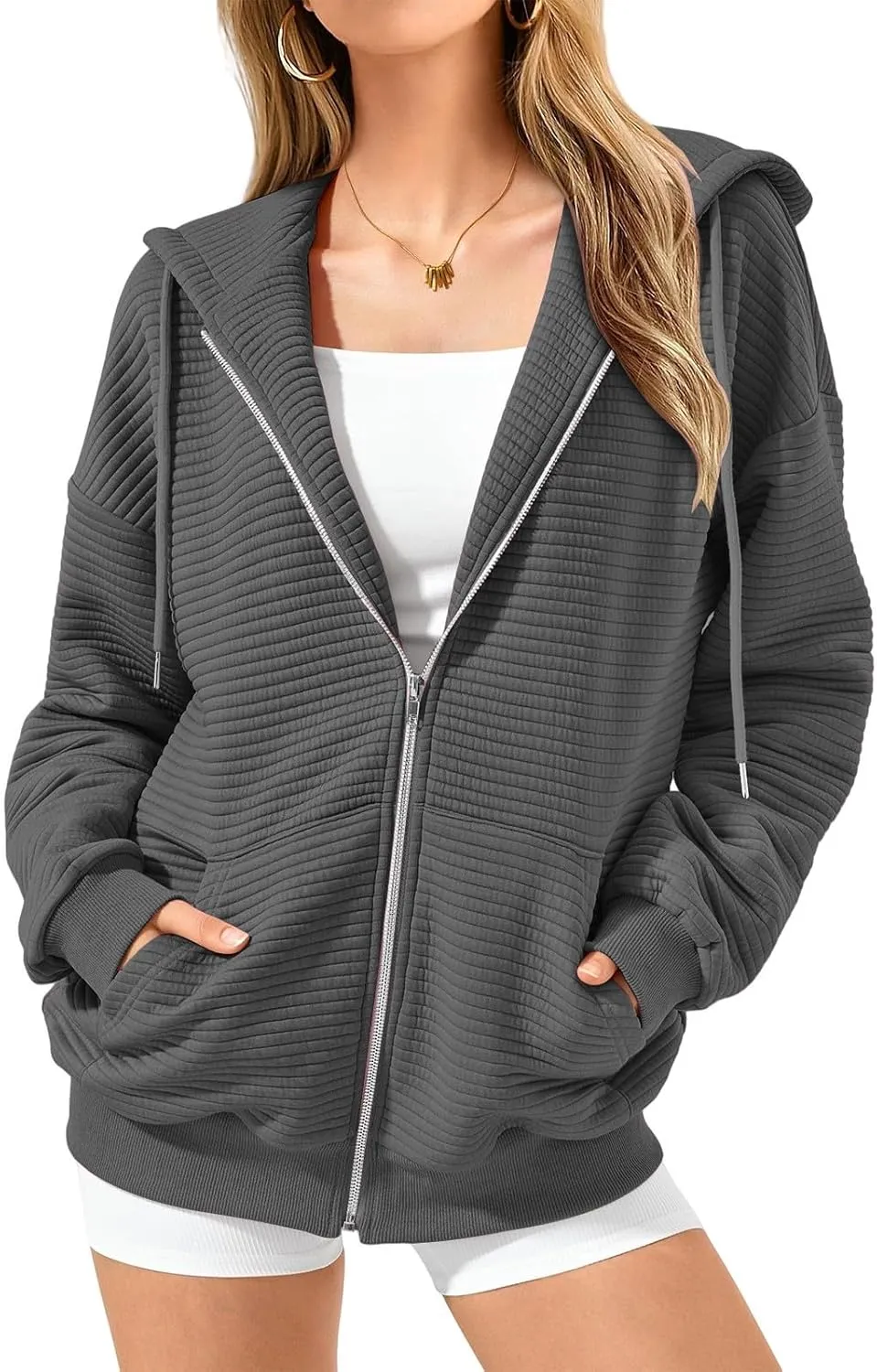 Womens Zip Up Hoodie Oversized Sweatshirt Waffle Knit Clothes Fall Fashion Long Sleeve Jacket With Pockets