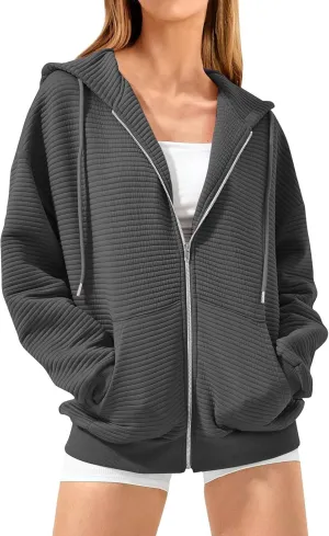 Womens Zip Up Hoodie Oversized Sweatshirt Waffle Knit Clothes Fall Fashion Long Sleeve Jacket With Pockets
