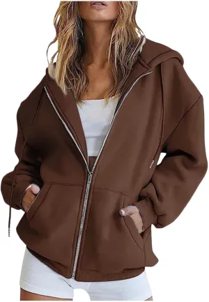 Womens Zip Up Hoodies Long Sleeve Fall Oversized Sweatshirts Fleece Y2K Jacket with Pockets 2024 Fashion Clothes