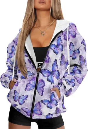 Womens Zip Up Hoodies Long Sleeve Sweatshirts Casual Oversized Fall Outfits Drop Shoulder Outdoor Sweatshirt with Pockets