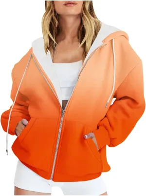 Womens Zip Up Hoodies Sherpa Lined Fleece Thermal Jacket Full Zip Long Sleeve Sweatshirts Gradient Color Shirts Coat