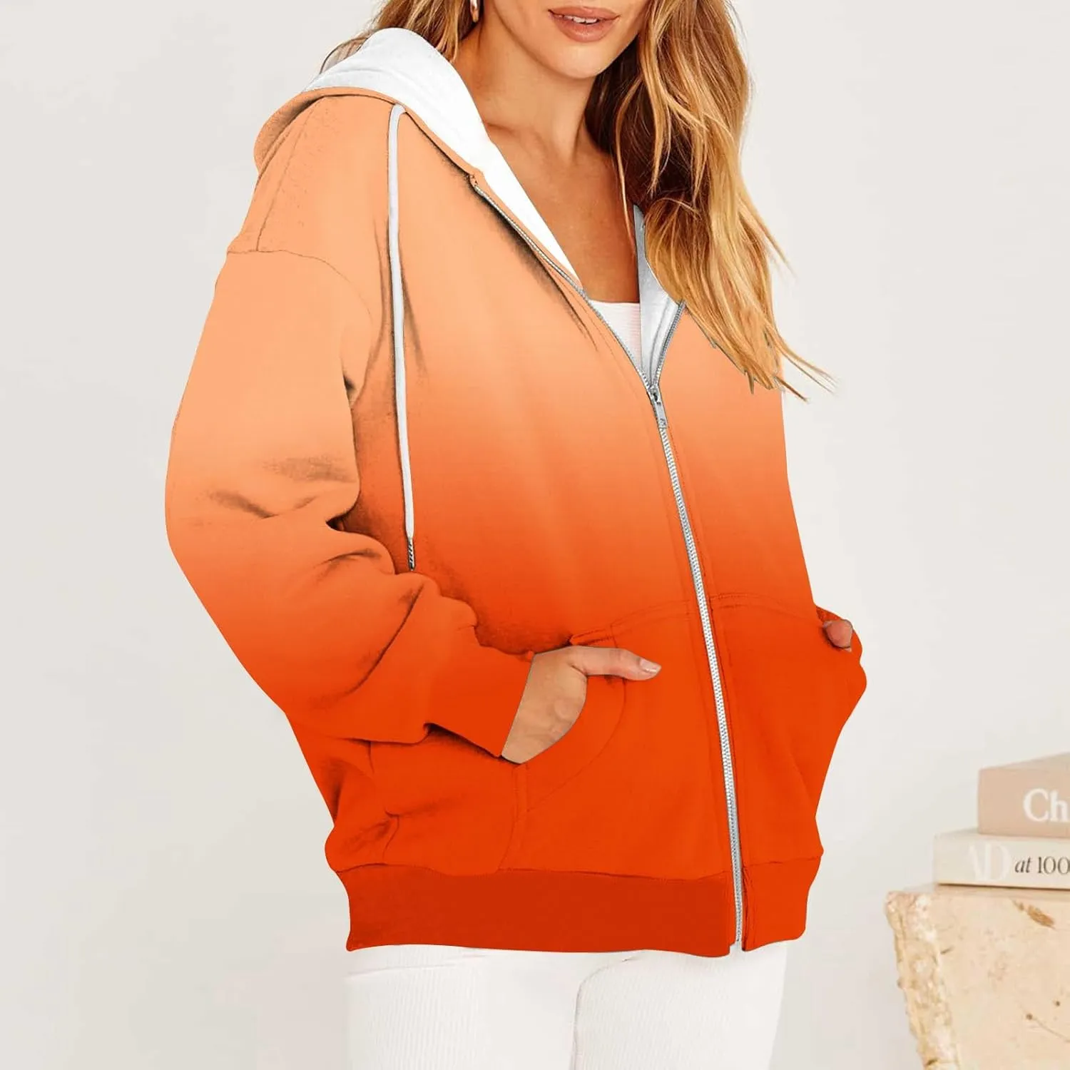 Womens Zip Up Hoodies Sherpa Lined Fleece Thermal Jacket Full Zip Long Sleeve Sweatshirts Gradient Color Shirts Coat