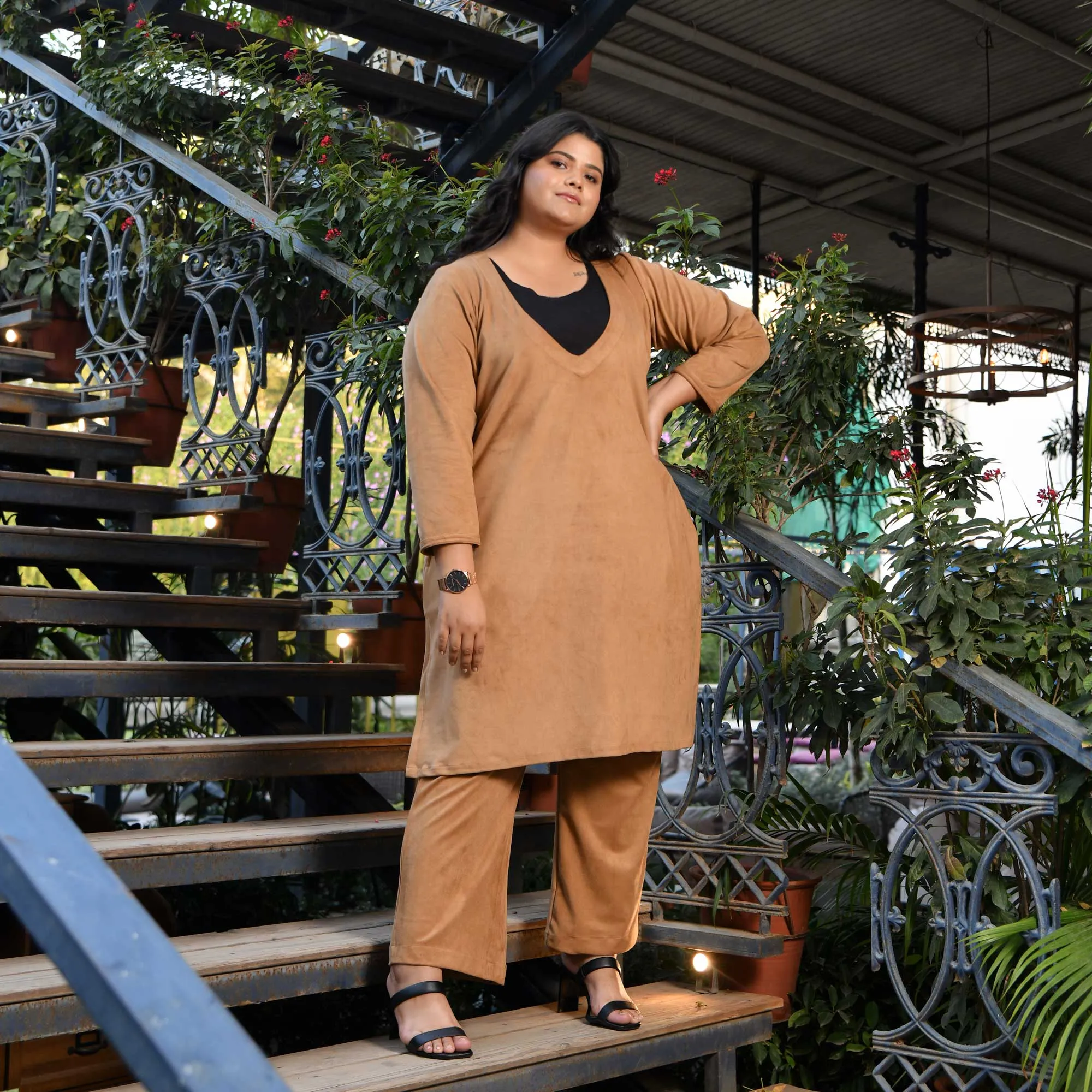Woollen Beige Latte Suede Lycra Stretchable Co-Ord Set