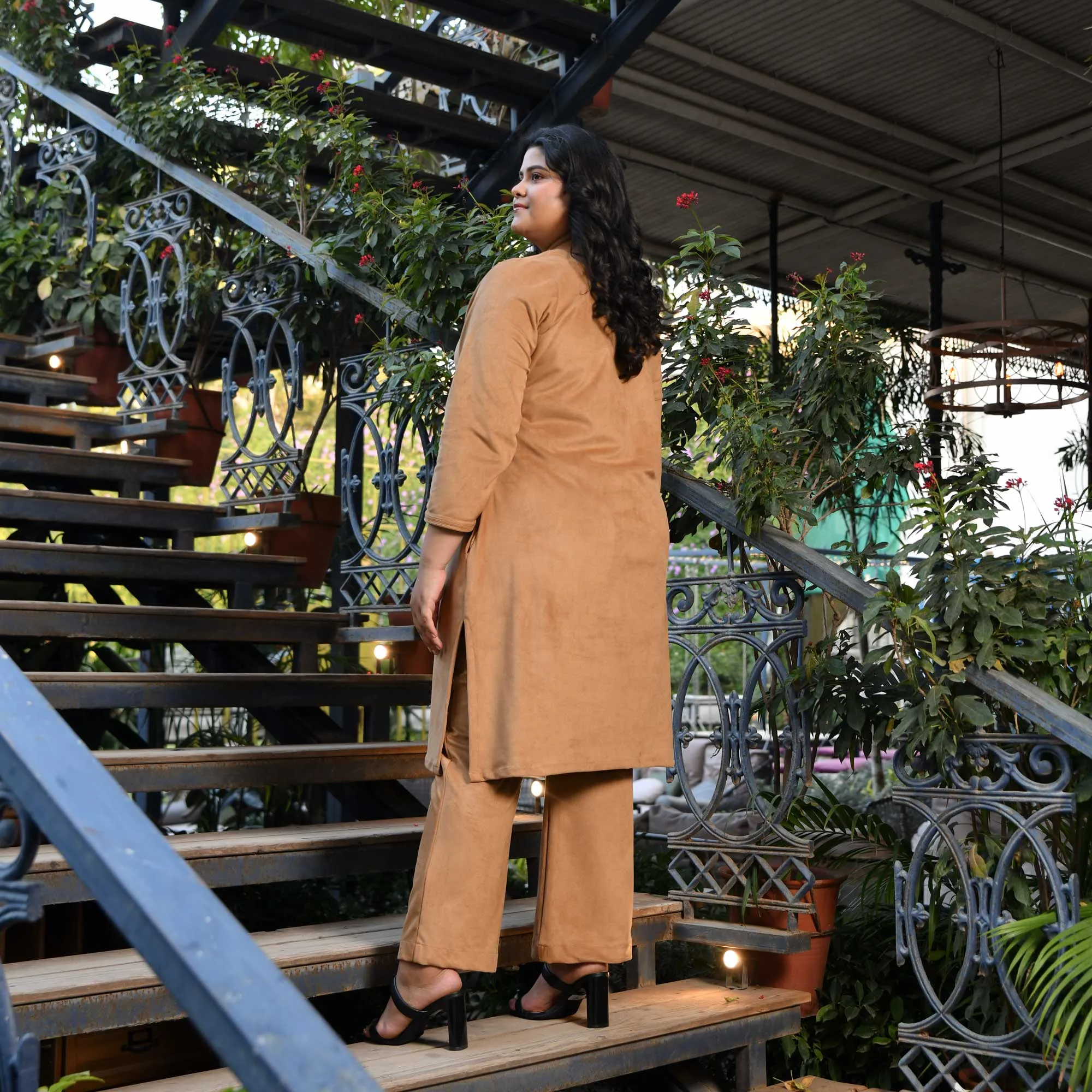 Woollen Beige Latte Suede Lycra Stretchable Co-Ord Set